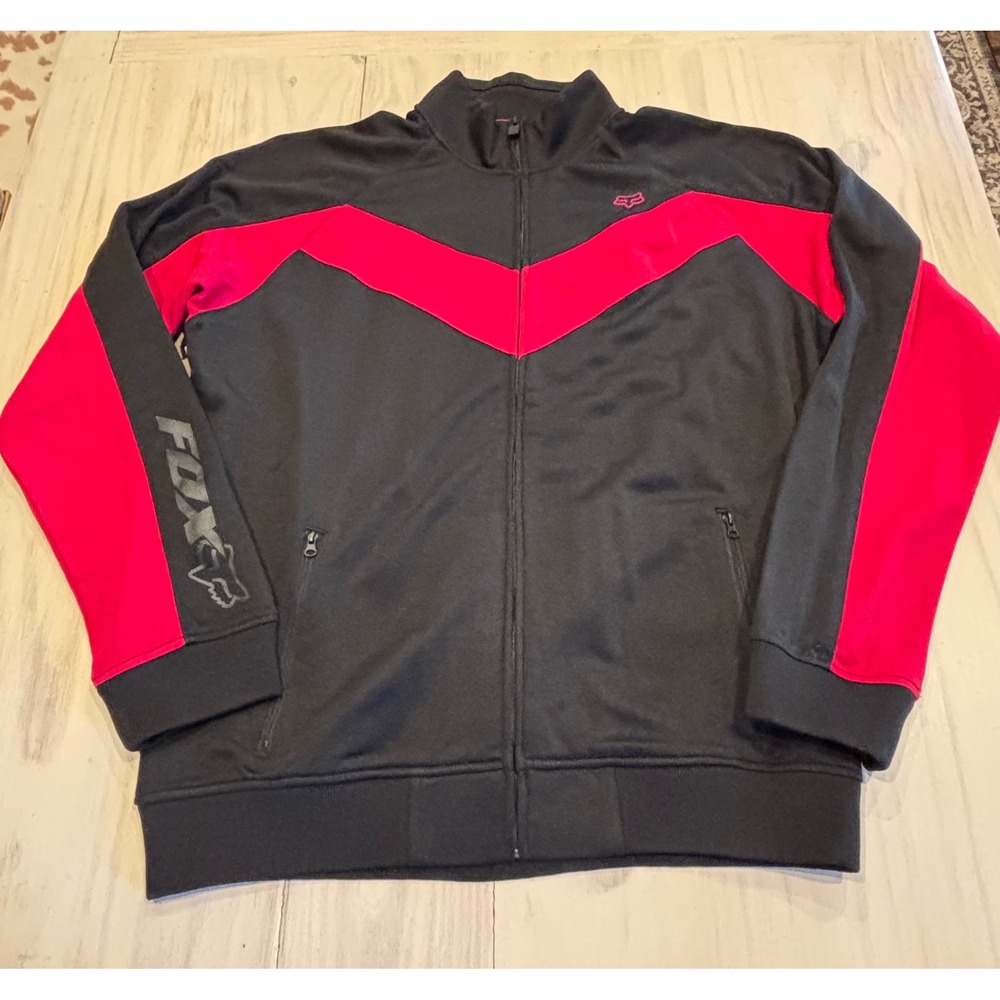 Fox Racing Mens XXL Track Jacket Black Red Chevron Full Zip Mock Neck 02962‎